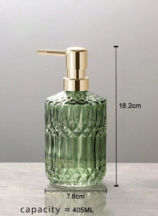 فاصولا موزع صابون زجاجي، عبوة شامبو قابلة لإعادة التعبئة 405 مل، موزع زجاجي أخضر كلاسيكي مع مضخة، حاوية صابون سائل للحمام مانعة للتسرب، إكسسوارات حوض المطبخ لديكور المنزل وهدية منزلية جديدة (أخضر) - Image 2